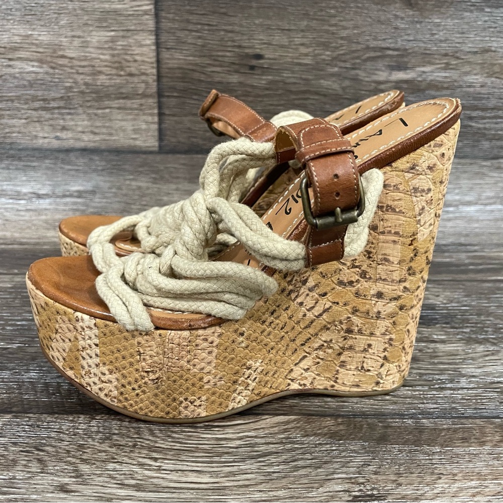 Lanvin 2012 Ete Sandals Rope Snake Print Cork Platform Wedge Open Toe Brown 37